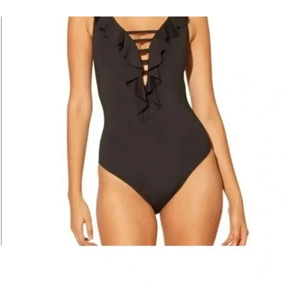 Bleu Rod Beattie black ruffle tie halter one piece swimsuit size 10 - Picture 1 of 9